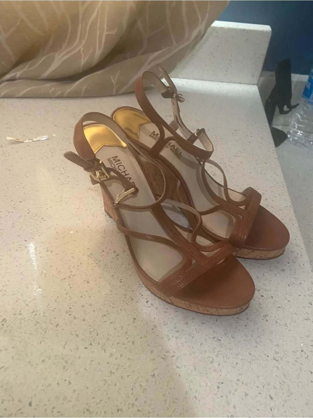 MICHAEL Michael Kors Tan Leather Strappy Wedge Sandals